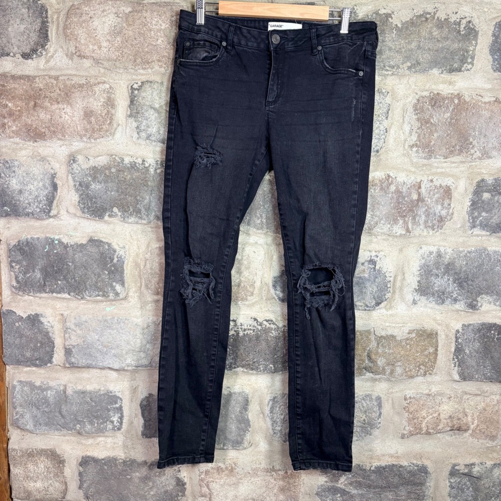 Garage Super Skinny Distressed‎ Ripped Black Jeans Womens Size 11 Mid Rise Denim